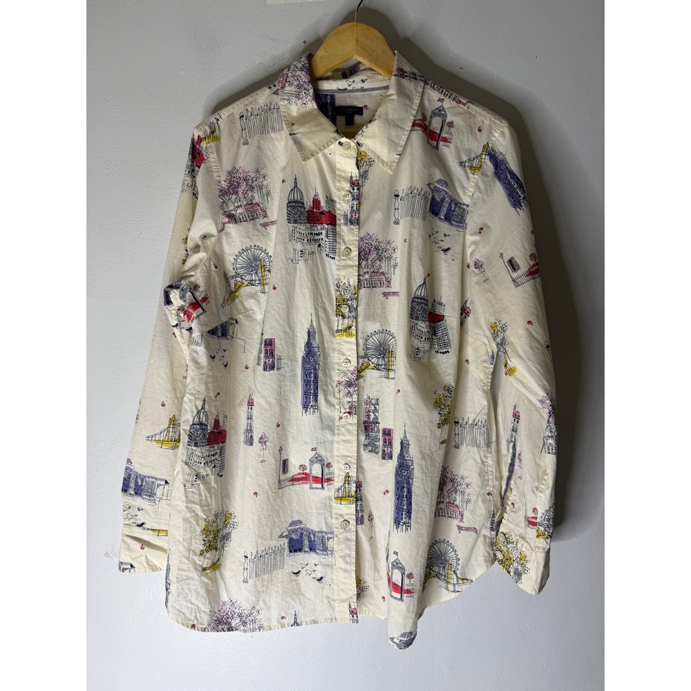 Talbots Plus Ivory London City Scenes Cotton Long Sleeve Button-Up Shirt Size 1X - Picture 1 of 5